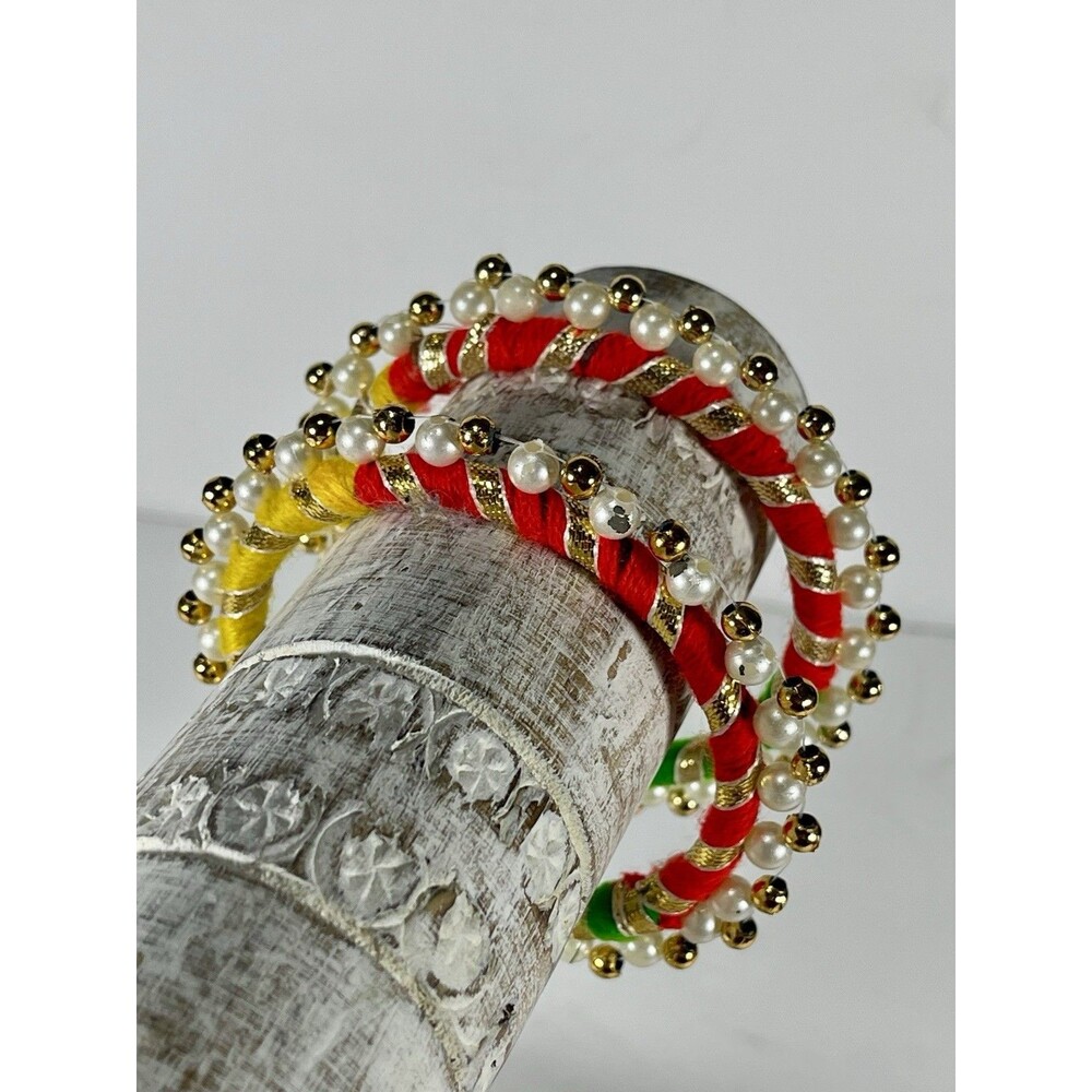 Handmade Silk Thread Bangles Set of 2 Festive Indian Kada Bracelets Pearls Gold
